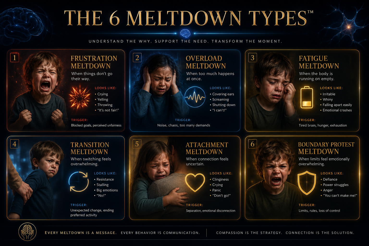 Premium parenting psychology infographic explaining six different child meltdown types using neuroscience-inspired emotional regulation frameworks and cinematic child portraits.