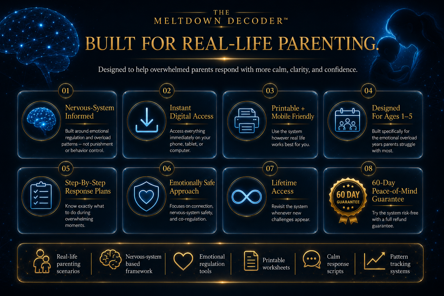Ultra-premium cinematic trust and proof section for The Meltdown Decoder™ featuring luxury dark navy and black neuroscience-inspired design, glowing gold typography, eight parenting psychology trust cards, neural blue accents, emotional regulation icons, and a premium reassurance strip for nervous-system-based parenting support.