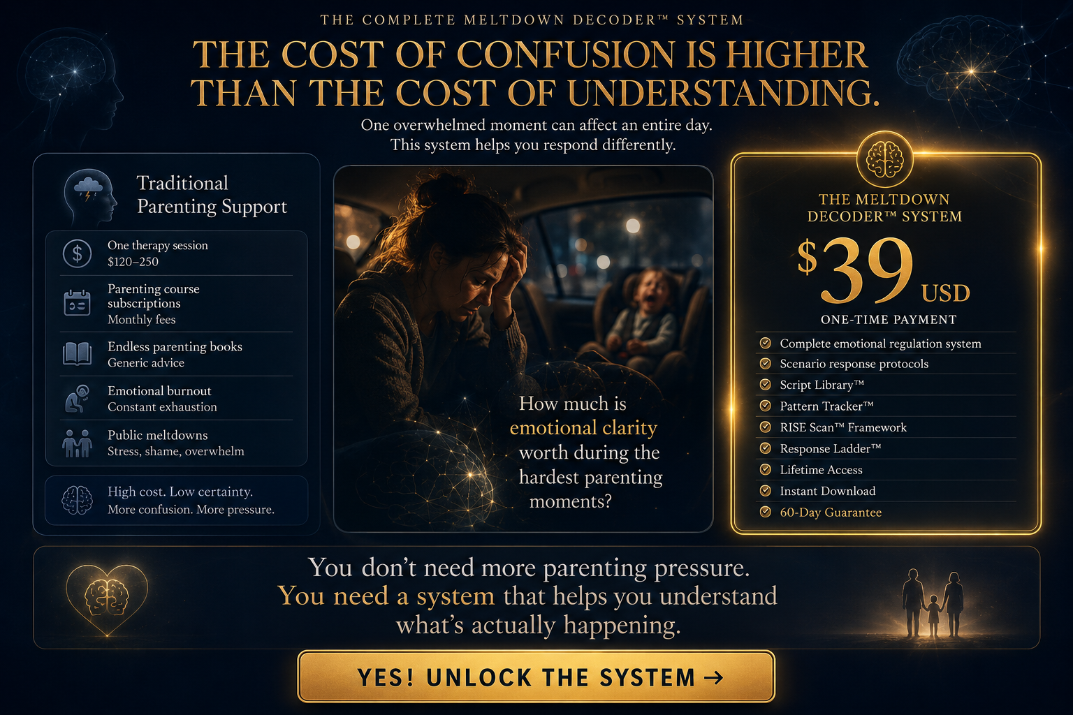 Ultra-premium cinematic parenting psychology sales page section for The Complete Meltdown Decoder™ System featuring a dark navy luxury background, elegant gold typography, emotional value comparison cards, overwhelmed parent documentary-style imagery, premium $39 pricing box with gold glow, neuroscience-inspired UI, and a luxury emotional regulation system CTA button.