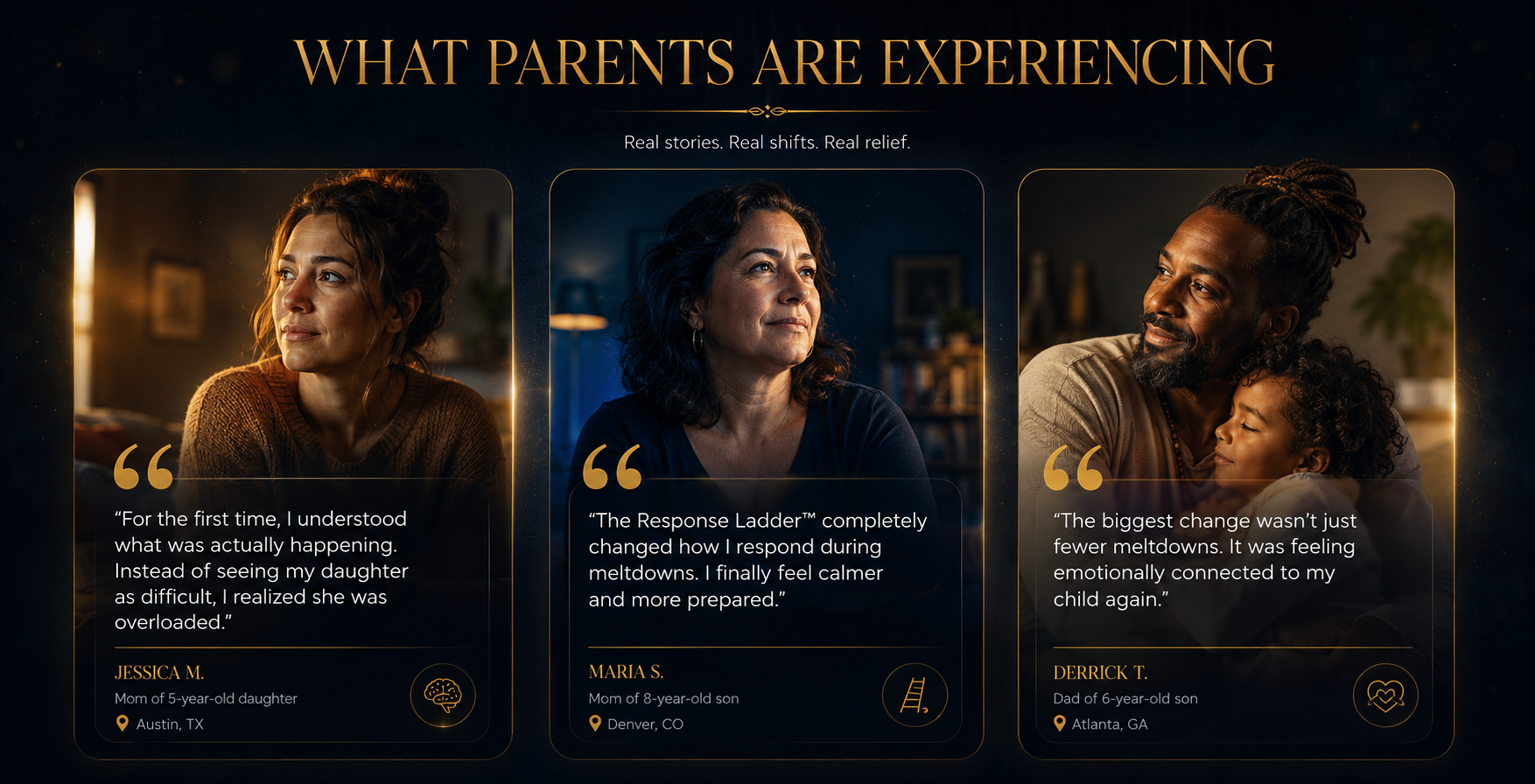 Parent testimonials for The Meltdown Decoder™ showing calmer parenting, emotional connection, nervous-system understanding, and reduced meltdown overwhelm.