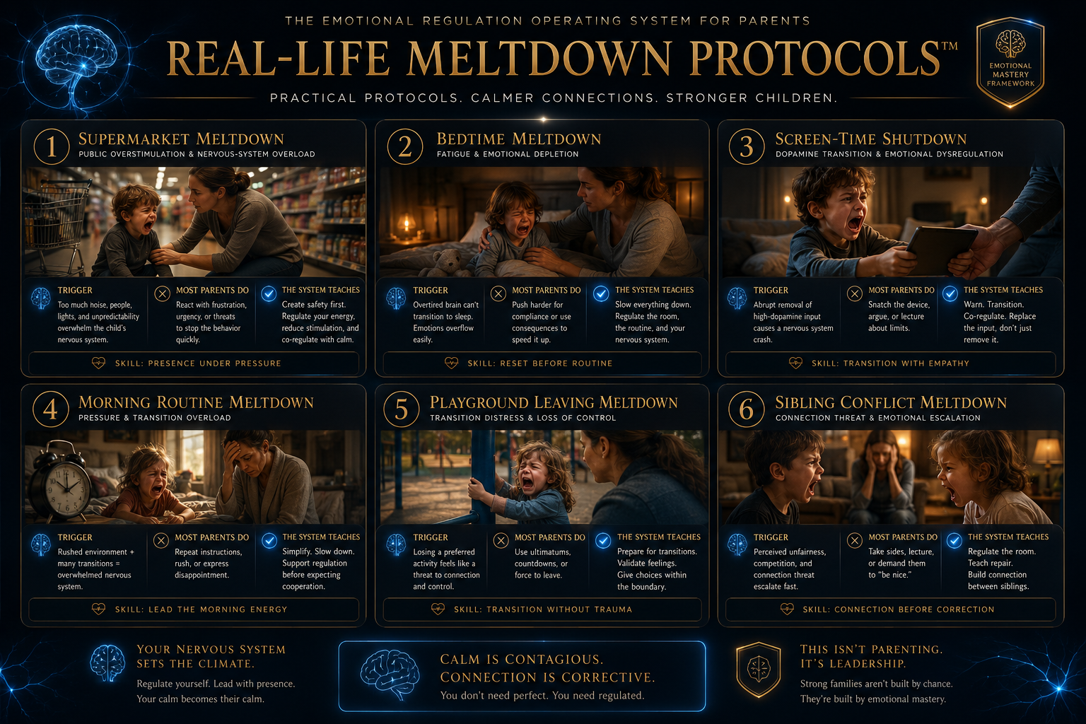 Real-life parenting meltdown protocol system showing practical emotional regulation responses for bedtime, supermarket, transitions, sibling conflict, and screen-time meltdowns.