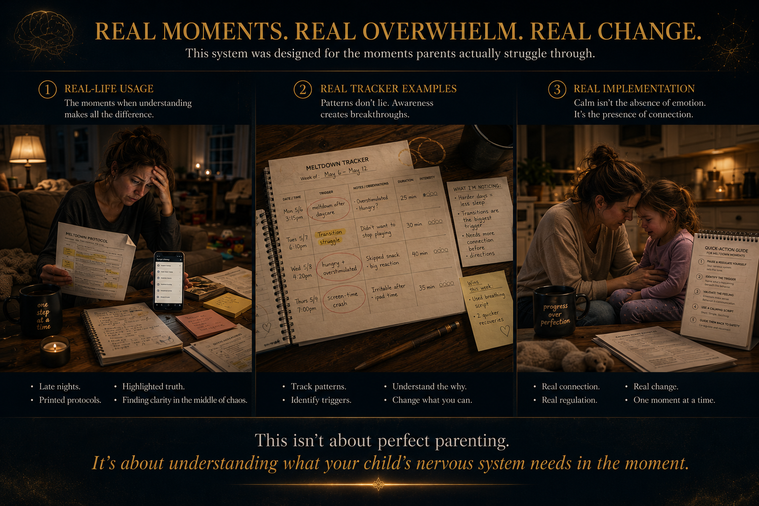 Cinematic parenting psychology sales page section titled “Real Moments. Real Overwhelm. Real Change.” featuring emotionally realistic parenting scenes including an exhausted mother reviewing meltdown protocol worksheets, handwritten behavior trackers with highlighted emotional patterns, and a calm parent helping a child regulate after a meltdown in a softly lit kitchen. Luxury dark editorial design with warm amber lighting, documentary realism, and premium neuroscience-inspired parenting visuals.
